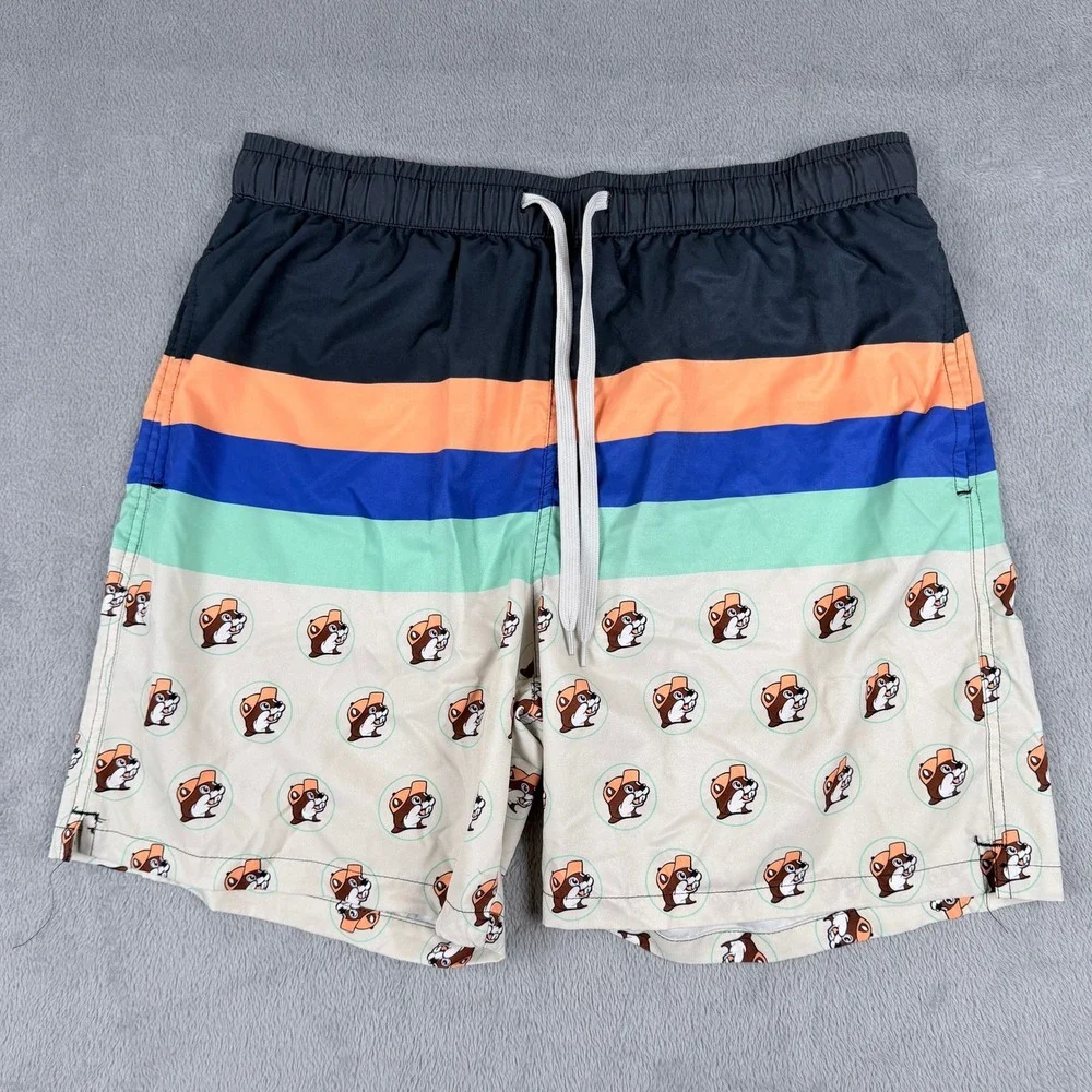 Buc-ee's Mens XL Swim Trunks Striped Beaver Logo Mascot Board Shorts Multicolor